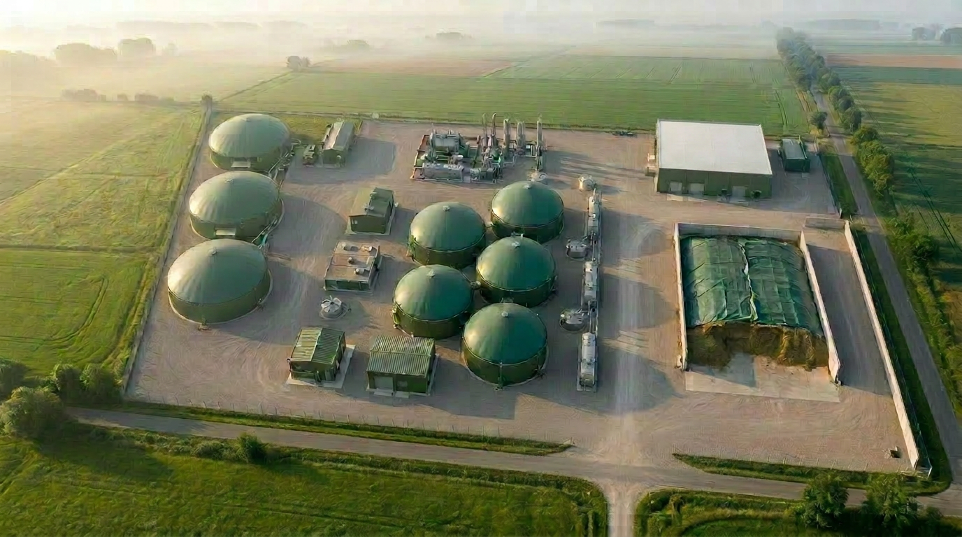 Izometryczna ilustracja instalacji biometanowej